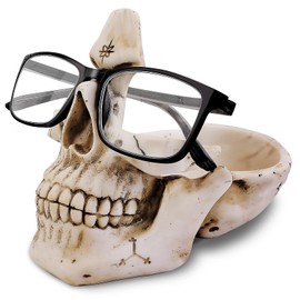 VIPbuy Skull Glasses Holder Stand with Storage Tray , Novelty Eyeglass Holder Rack for Nightstand, Resin Skull Head Sculpture Statue Home Office Desk Decor Gift (White)