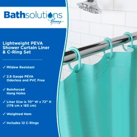 Kenney KN61748 Lightweight 3 Gauge Waterproof PEVA Shower Curtain Liner with Durable Eyelet Hang Holes, Weighted Magnetic Hem, and 12 Piece Plastic C-Ring Set for Bathroom, 70" W x 72" H, Turquoise