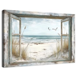 Rustic Beach Wall Decor Coastal Ocean Seascape Window Style Art for Living Room Farmhouse Seagulls Pathway Pictures Nature Beachy Scenery Painting Prints Modern Artwork Bathroom Home Decoration 12x16"