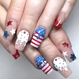 4th of July Press on Nails Medium Square Fake Nails with Ice Cream Design Independence Day Stars False Nails Red French Tip Full Cover Glue on Nails Summer Stick on Nails for Women 24Pcs