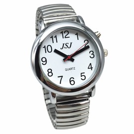 English Talking Watch with Alarm Expanding Bracelet，Talking Date and Time, Silver Col　or, White Face