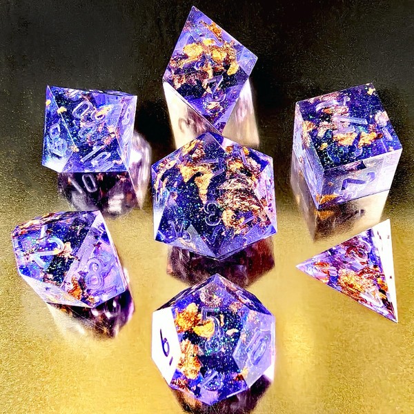 Unpainted Shimmery Sharp Edge DND Dice Set with Golden foil,
