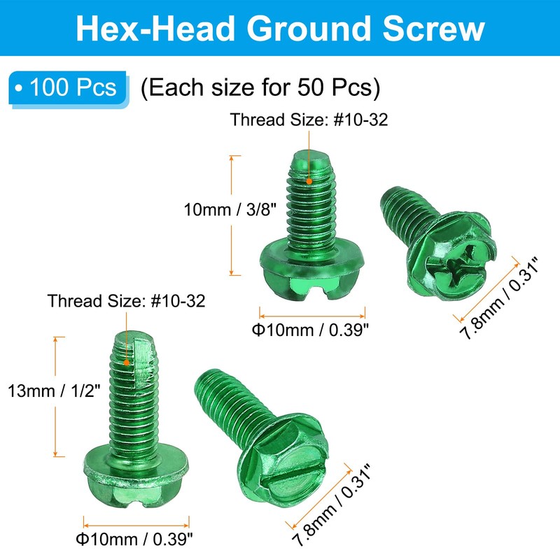 PATIKIL Grounding Screws Kit,100 Pcs 10-32 x 3/8" Hex Flanged