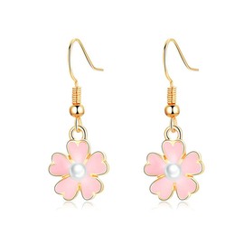 Cute Pink Flower Simulated Pearl Small Dangle Drop Earrings for Women Boho Tiny Little Charm Hook Dangling Hanging Dainty Jewelry Daughter Her Bff Holiday