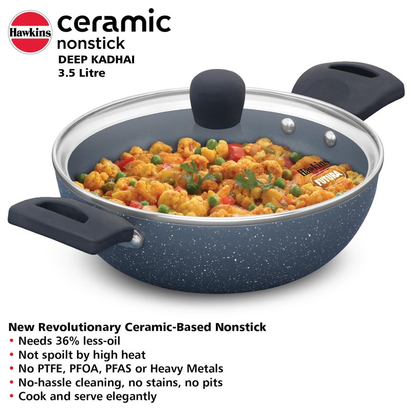 HAWKINS Ceramic Nonstick 3.5 Litre Deep Kadhai, Induction Deep Fry