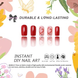 Valentines Press on Nails Medium Square MABKJLF Red Fake Nails False Nails with Designs Heart Rhinestones Full Cover Glossy Glue on Nails Valentine's Day Acrylic Nails for Women Girls 24 Pcs