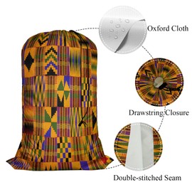 Swono African Traditional Printed XL Laundry Bags, Drawstring Closure Dirty Clothes Bag, Heavy Duty Large Laundry Bag, Ethnic Tribal Pattern Rip-Stop Bags, Machine Washable 28" x 40", Geometric