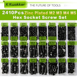 K Kwokker 2410Pcs M2 M3 M4 M5 Nuts and Bolts Assortment Kit, Upgraded Zinc Plated Hex Socket Head Cap Metric Machine Screws, 12.9 Alloy Steel Bolts and Nuts Kit with Lock Washers for Screws