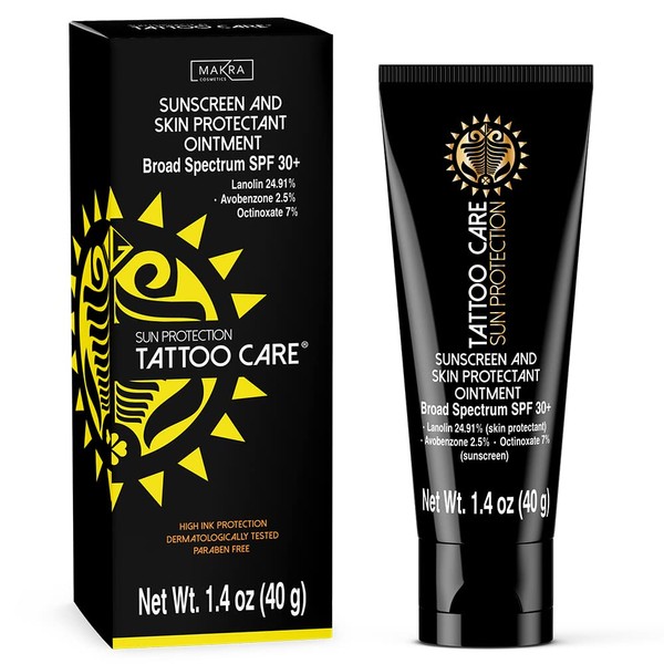 Makra Tattoo Care Sunscreen – SPF 30+ Ointment for Tattoo Sun Protection - UVA/UVB Sun Rays Protection - Deeply Moisturizes and Protects Ink Against Fading - Enhances Colors, Water Resistant - 1.35 Ounce (Pack of 1)