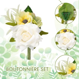 12 Pcs Corsage and Boutonniere Set with Pins for Wedding,White
