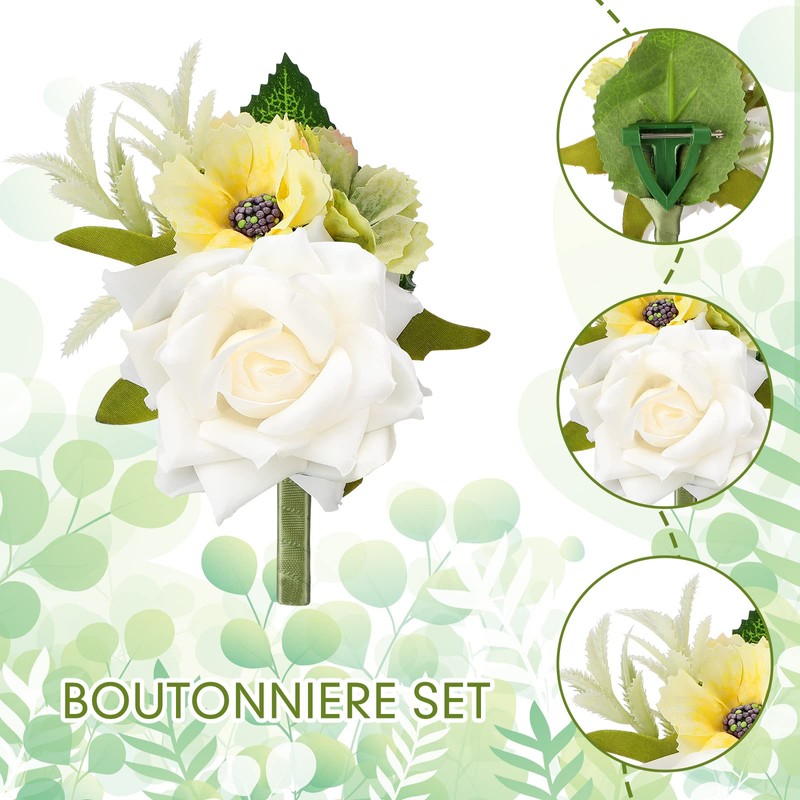 12 Pcs Corsage and Boutonniere Set with Pins for Wedding,White