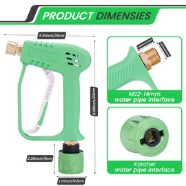 Hierbla 4000PSI High Pressure Washer Gun, Compact Jet Wash Gun(M22 14MM Interface) with 5 Water Nozzle Tip & 1 Wrench & 1/4" Quick Connector, Stubby Swivel Car Wash Gun Compatible for Karcher, Green