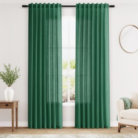 Emerald Green Linen Curtains 84 Inch Length 2 Panels Set for Living Room Rod Pocket Back Tab Light Filtering Window Drapes for Bedroom Dining Room Protect Privacy Country Farmhouse Decor 52x84