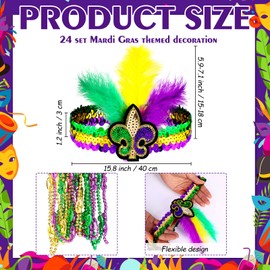 Zeyune 96 Pcs Mardi Gras Feather Headbands with Beads Necklaces for 1920s Headpiece Women Men Masquerade Costume Fascinator Tea Party Cocktail Favor Carnival Sequins Accessories