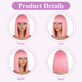 Pink Bob Wig With Bangs Short Straight Bob Hair Wigs 12Inch Heat-Resistant Synthetic Hair Daily Party Neon Wig for Women