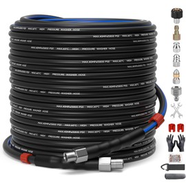 TUTULUCK Sewer Jetter Kit for Pressure Washer 150ft – 5800PSI Drain Cleaning Hose 1/4 Inch NPT Corner with Watering Spray Nozzle, Rotating and Button Hose Sewer Jetting Nozzles & Easy-to-Store Strap