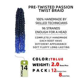 crochet twists pre looped-14 Inches 8 Packs Passion Twist Crochet Hair for Black Women and Kids-Omber Blue,Soft Lightweight Hair Extension(14"-8 Packs,T1B/Blue)