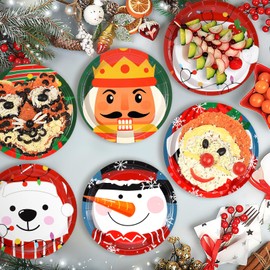 Fourluoo 96 Pcs Christmas Paper Plates Disposable Christmas Dinner Plates Santa Snowman Penguins Pattern for Xmas Birthday Party Decoration Supplies