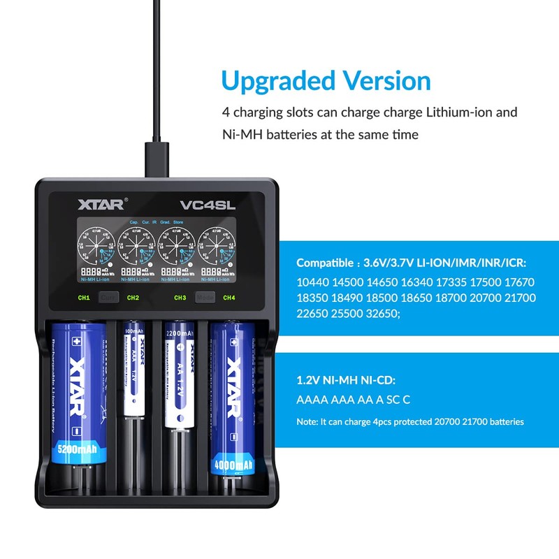 XTAR VC4SL 3A Fast Charger 4-Bay, 18W QC3.0 Adapter Included,