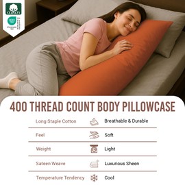 Pizuna Cotton Burnt Orange Body Pillow Cover 1 Piece Only, 400 Thread Count 100% Long Staple Cotton Body Pillow Case 52x140 cm, Sateen Body Pillowcase