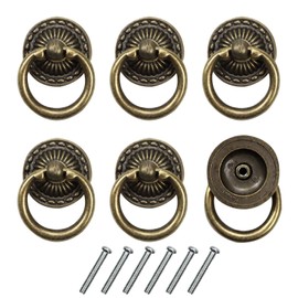 Chris-Wang 6pcs Vintage Bronze Drop Ring Knobs Pulls Handles for Dresser Drawer Antique Drawer Pull Ring Single Hole Decorative Hardware with Screws for Furniture Cabinet Cupboard (Style 1)