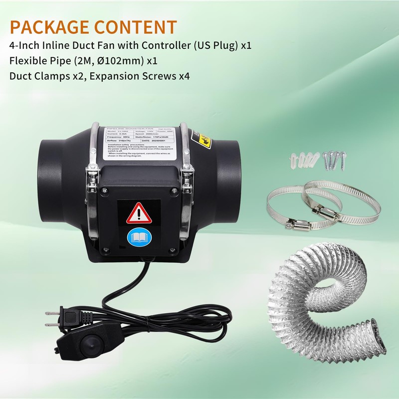 4 Inch 260 CFM Inline Duct Ventilation Fan, HVAC Vent