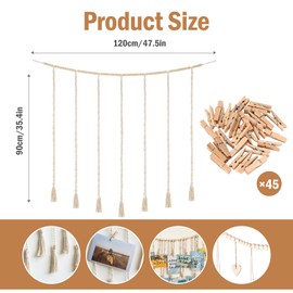 MHYMX Photo Wall with Clips, Photo Garland Boho Photo Curtain Hanging Photo Collage Wall Picture Frame with 45 Wooden Clips and Lead DIY Photo Rope for Home Decor Bedroom Decoration