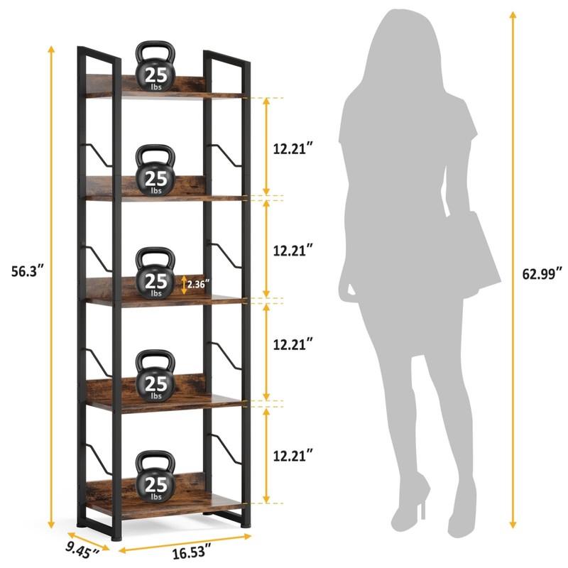 Hosfais 5 Tier Tall Bookshelf: Industrial Wood Book Shelf with