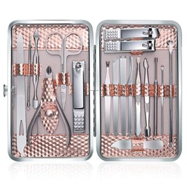 Manicure Set Professional Nail Clippers Kit Pedicure Care Tools-Stainless Steel Women Grooming Kit 18Pcs With PU Leather Case for Travel or Home(Rose Gold)