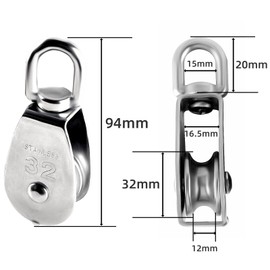TIOMIOSEA Pack of 4 M32 stainless steel pulleys with double bearings, 250 kg load capacity, rust-proof crane rollers for pulley, fitness equipment and marine, 360° rotating U-rail