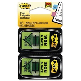 Post-it Printed Message Flags, Sign & Date, 1 Inch Green, Two Dispensers of 50 Flags