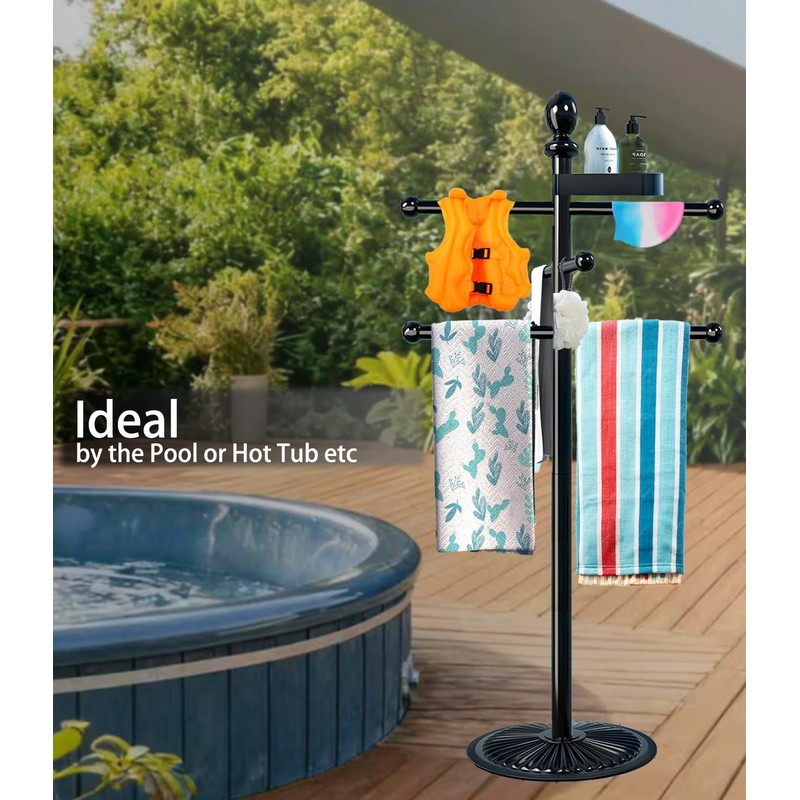 Pool Towel Rack Outdoor, 6 Bars with Top Tray Metal