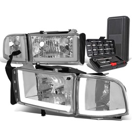 Auto Dynasty LED DRL Chrome Clear Side Headlight+Corner Lamps+Tool Kit Compatible with Dodge Ram Truck 94-02