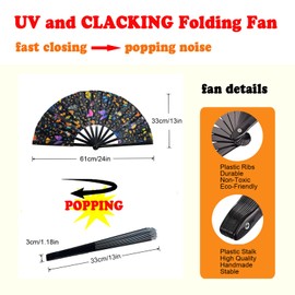 Womwpmt Large Rave Fan UV Glow Hand Fan, 13 Inch UV Glow Popping Rave Fan for Line Dancing, Disco Party Favor Folding Clack Hand Fan for EDM Music Festival Club Rave Accessories