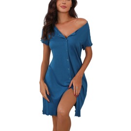 Yukiuiny Women Button Down Short Sleeve Shirts Dress for Sleeping Maternity Nursing Robe Solid Bule Blue