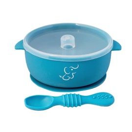 PAPU BABY Plato Hondo/Bowl/Tazón Grande con Tapa y Cuchara de Silicón 100% Grado alimenticio con Base de succión. Libre de BPA (Azul)