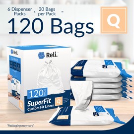 Reli. SuperFit Code Q (120 Count) | Compatible with Simplehuman Code Q | Dispenser Pack Custom Fit Liners | Drawstring Trash Bags | 50-65 Liter / 13-17 Gallon | White