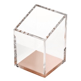 OfficeGoods Acrylic Pen & Pencil Holder - Modern Trapezoid Design - Beautiful Desk Organizer for Home or Office - 3" Square w/ 3.5" Front & 4.5" Back - Clear Rose Gold Metal