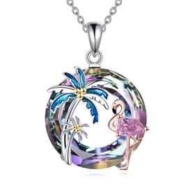 AINFQY Flamingo Necklace for Women 925 Sterling Silver Flamingo Pendant Palm Trees Necklace Crystal Jewelry Gift, 30mm*20mm, Sterling Silver, Crystal