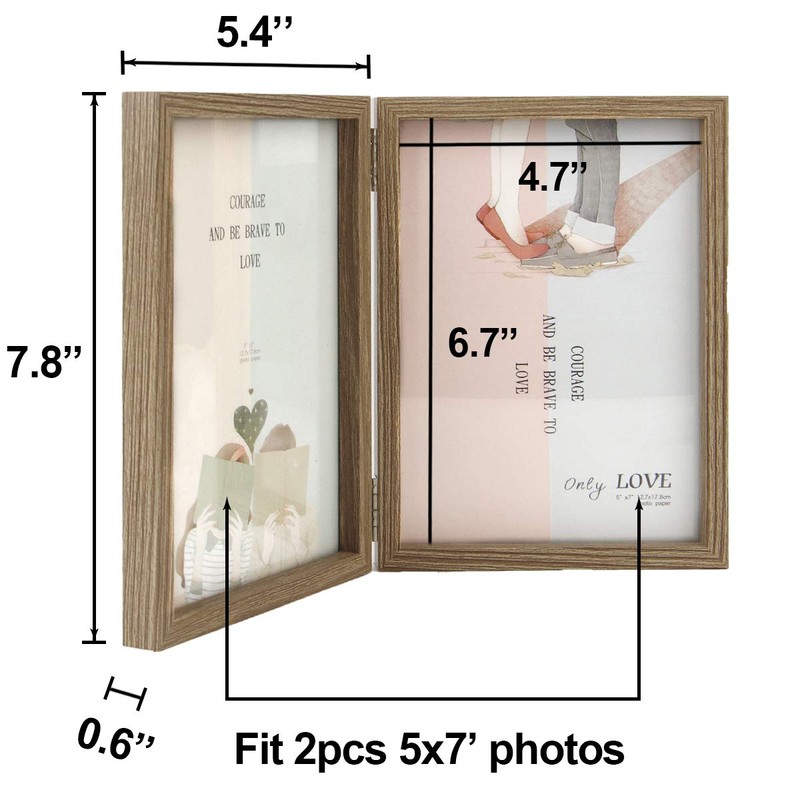 5x7 Double Picture Frames Hinged Wood Grain with Real Glass