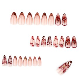 24Pcs Fall Almond Press on Nails Medium Fake Nails Brown French Tip False Nails with Flower Butterfly Cherry Design Autumn Acrylic Nails Press ons Artificial Full Cover Glue on Nail for Women