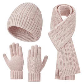 Warmiehomy Winter Hat Beanie Scarf Touchscreen Gloves Set for Women, Soft Thick Knit Warm Long Neck Scarves Cap Gloves 3 in 1 Set（Pink）