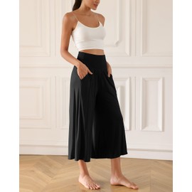 ODODOS Women's Wide Leg Palazzo Lounge Cropped Pants with Pockets Light Weight Comfy Casual Pajama Capri Pants-22 inseam, Black, Medium