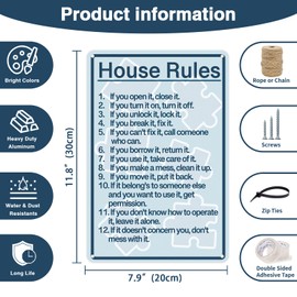 8" x 12" Aluminium Metal Sign House Rules Sign, House Rules metal Hanging Sign, Farmhouse Living Room Home Decor Wall Art, Inspirational Family Quote, Room, Family Motto Sign, (111)