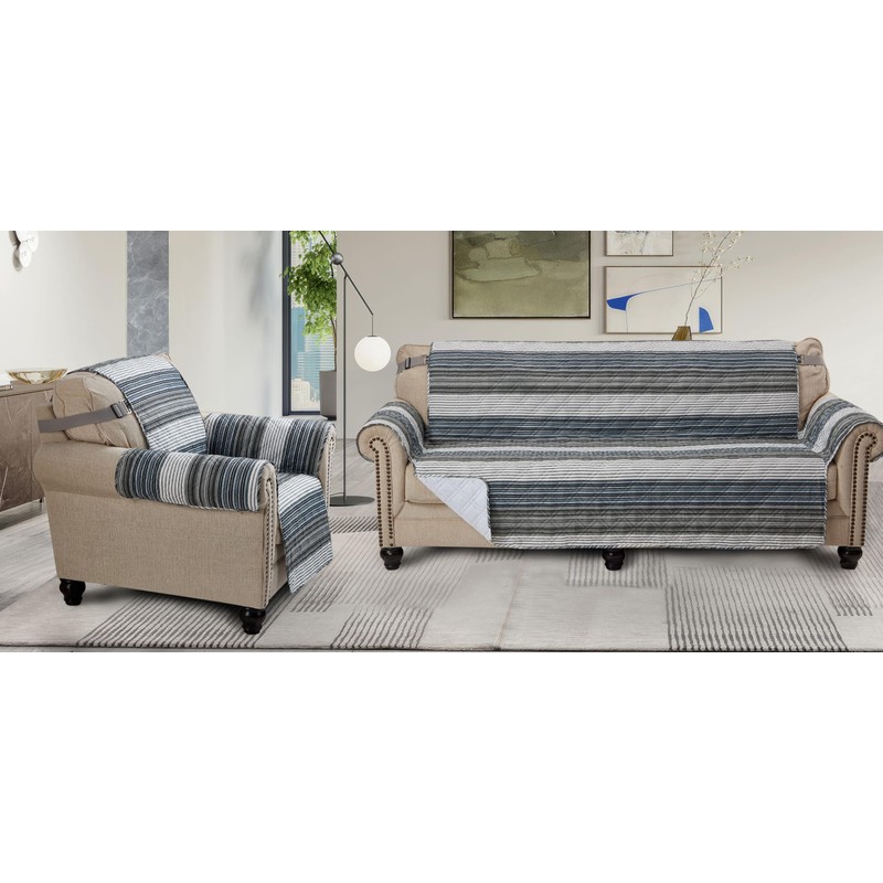 Brilliant Sunshine Multi Grey Stripes Couch Loveseat Slip Cover for