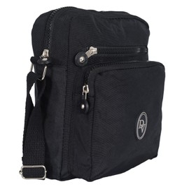 DV 73 Small Two Section Women’s Zipper Crossbody Nylon Water Resistant Ladies Unisex Travel Bag (Black)