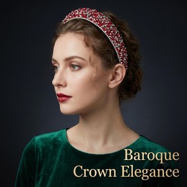 Baroque Rhinestone Headband for Women - Padded Velvet Bling Crystal Hairband, Sparkly Wide Sponge Hair Hoop Accessories for Wedding, Party, Prom, Birthday Gift - Red