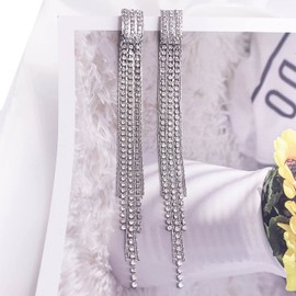 SELOVO Clear Rhinestone Prong Setting Boho Tassel Long Statement Party Dangle Earrings Silver Tone, Crystal, Rhinestone
