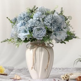Peonías Artificiales en jarrón, Ramo de Flores de peonía de Seda de hortensias Falsas con jarrón, decoración de arreglo de Flores sintéticas, Mesa del hogar, Comedor (Azul)