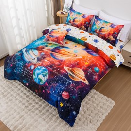 A Nice Night Galaxy Algebra Themed Full Bedding Set for Boys 6 Piece Bed-in-a-Bag with Comforter & Sheet Set, Machine Washable Kids Purple Bed Sets, Space Math Decor (Age 6-12)